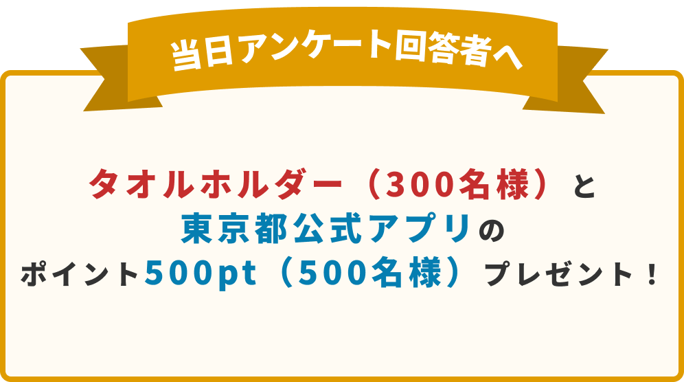 当日アンケート回答者へタオルホルダー（300名様）と東京都公式アプリの500ポイント（500名様）プレゼント！
